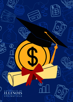 Graduation cap, dollar sign, and diploma, blue background with financial icons.
