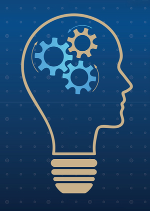 Light bulb with human head silhouette and gears inside.