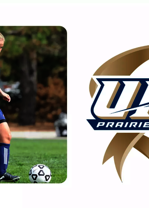 Erin Egolf playing soccer, UIS Athletics 15 years of NCAA DII logo