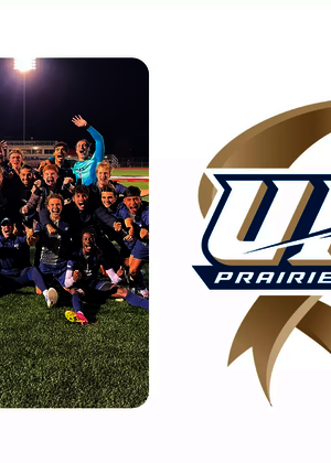 A graphic featuring UIS men's soccer team celebration and logo for UIS Athletics NCAA DII Anniversary series