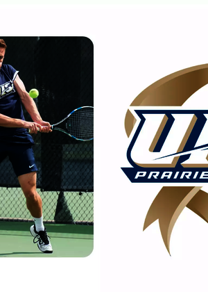 A photo of Sam Clarke playing tennis, 15 Years of NCAA DII Anniversary Series logo