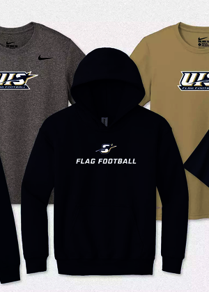 Images of various flag football gear including shirts, hoodie, and polo with UIS Flag Football logos