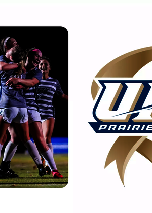 The 2022 UIS women's soccer team celebrating a goal, paired with UIS Athletics 15 Years of NCAA DII Anniversary logo
