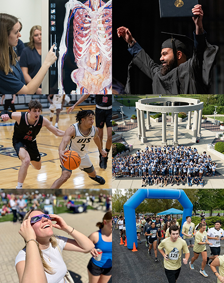 A collage of UIS students participating in academics, sports, graduation, a solar eclipse viewing, and campus events.