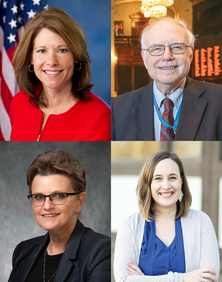 Four headshots of individuals, arranged in a grid, showcasing recipients of alumni awards.