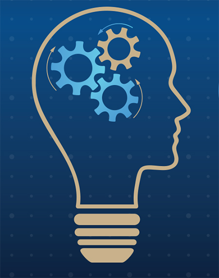 Profile of a lightbulb with gears inside symbolizing ideas and innovation on a blue background with subtle dots.