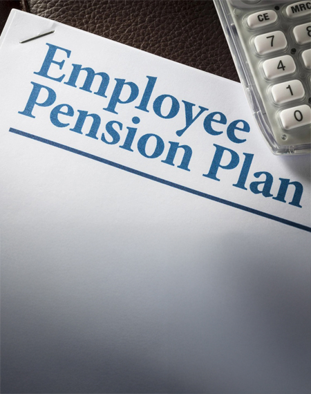 Document titled 'Employee Pension Plan' with a calculator on a desk.