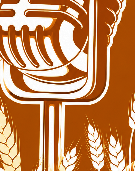 Retro microphone with wheat stalks, sepia-toned graphic.
