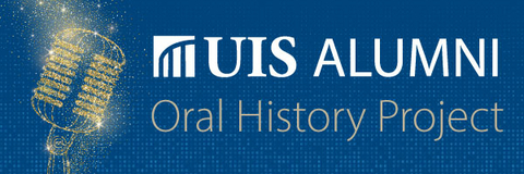 Gold microphone with the UIS Alumni logo and Oral History Porject