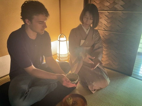 Brandon Rapps in Nikko Toshogu Shrine, participating in a Japanese tea ceremony