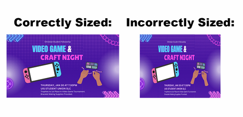 Two posters with the phrase "correctly sized" for one and "incorrectly sized" shown for the second one, highlighting the concept of accurate dimensions.