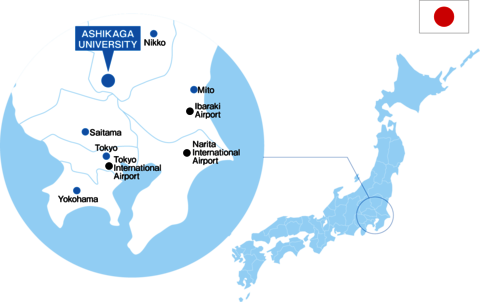 Map of Japan with a zoomed in area of Tokyo and Ashikaga University labeled. 