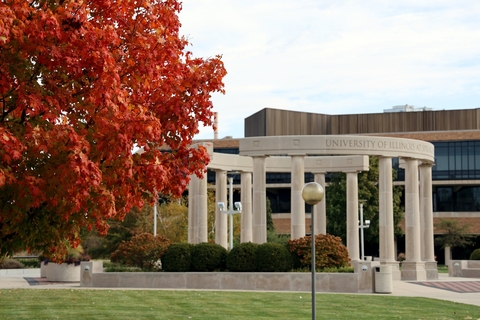 the colonnade in the background with fall trees in the foreground