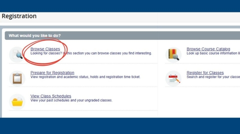 Registration window with Browse Classes circled in red.