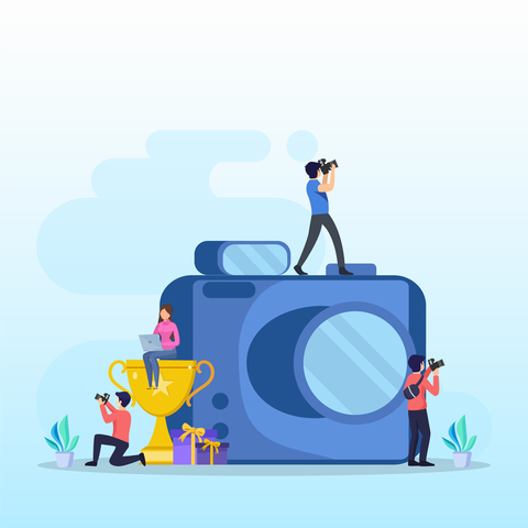 illustration of a camera with little people walking by and on it taking pictures on their cameras