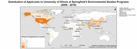 map of the Distribution of Applicants to UIS's ENS program showing most come from the USA, followed by India, Nigeria, Ghana and China