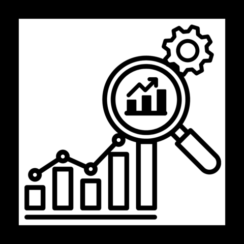 bar graph and line graph with magnifying glass