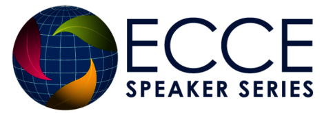 Logo for ECCE Speaker Series, featuring a blue globe with purple, yellow, and green leaves on it. 