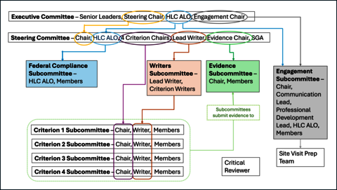 The committee and subcommittee structure for the reaffirmation process.