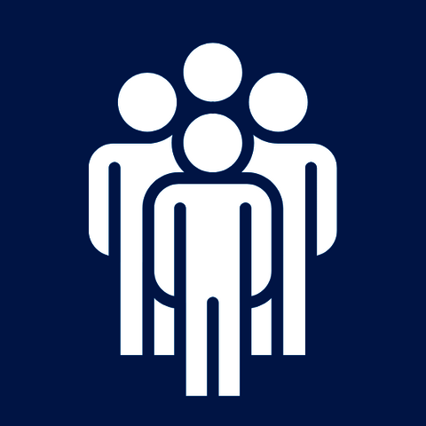 White icon of four people with blue background.