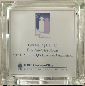 Counseling Center's award for Department Ally from the 2015 UIS LGBTQA Lavender Graduation