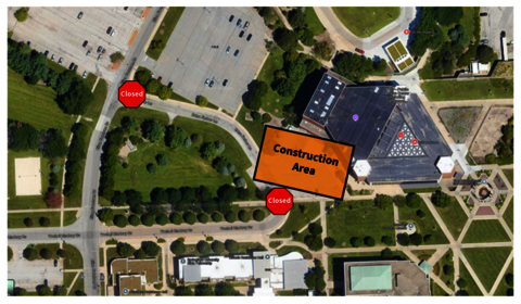 Map of the road closure and construction area for the PAC Roof Replacement project.