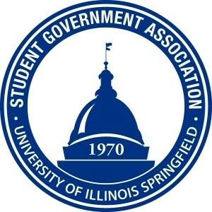 Blue University of Illinois Springfield Student Government Association logo featuring the Illinois State Capitol and the year 1970.