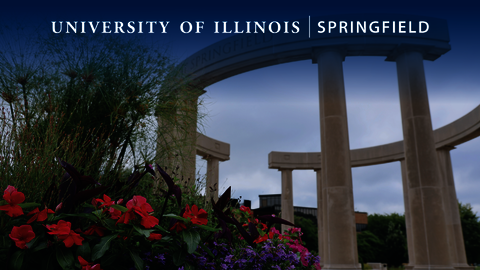 sample zoom background of the UIS colonnade and spring flowers