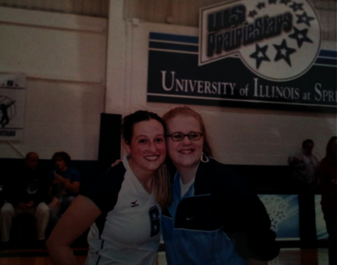 Carrie Bauer and Dana Goodrum at a UIS home volleyball game in 2004. 