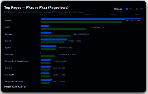 Bar chart titled “Top Pages — FY25 vs FY24 (Pageviews)” comparing website pageviews between fiscal years 2024 and 2025. Full report info is available below.