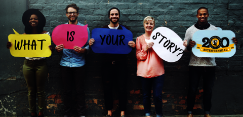 residents of Sangamon county each holding a sign with a word from the sentence "What is your story?"