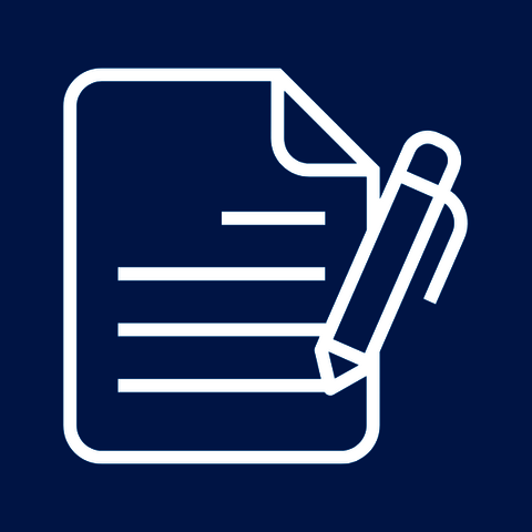 White icon of sheet of paper with a pen, with blue background.