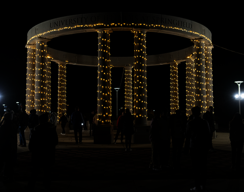 The Colonnade is decorated in holiday lights.