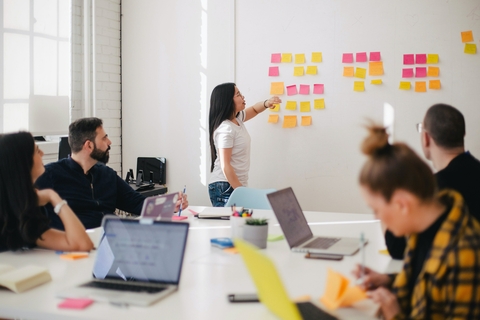 People in a boardroom using sticky notes to map out strategic direction