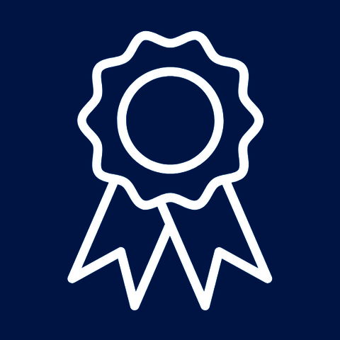White ribbon icon with blue background.