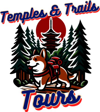 Temples and Trails Tours Japan logo, including a cartoon dog with a backpack, in front of a temple and trees.