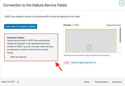 Kaltura Service Failed error in UDOIT. The Resolution Status box is emphasized