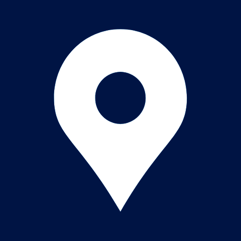 White map pin icon with blue background.