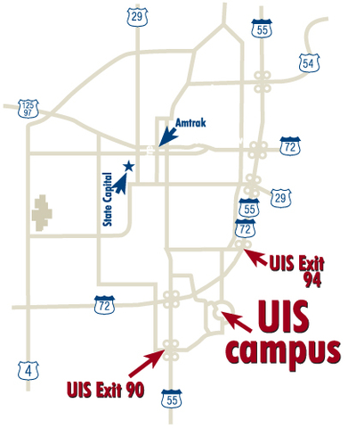 A map of Springfield, IL main roadways with exits for UIS marked.