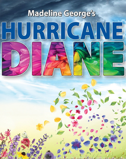 Colorful flower petals blowing in the wind with text "Madeleine George's Hurricane Diane"