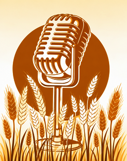 Retro microphone with wheat stalks, sepia-toned graphic.