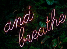 "and breathe" spelled out in fluorescent lighting with green leaves in the background