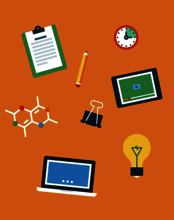 orange graphic with laptop, notebook, pencils, lightbulb