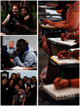 4 different pictures. Picture 1: a man studying. Picture 2: Two girls having fun playing tug-o-war. Picture 3: A family photo. Picture 4: students writing.