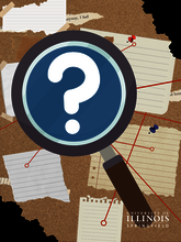 A graphic of a magnifying glass is a question mark inside. The background is a corkboard with red lines and notes.