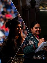 Two images, one of a student graduating and a student working.