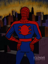 A cartoon of Spiderman looking out onto the city.