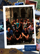 A scrapbook page of a group of students posing for a picture in a foreign country.