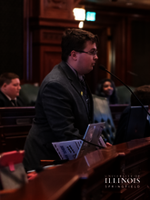 A student public speaking.