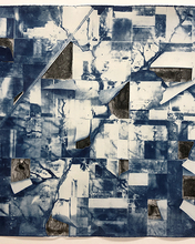 Abstract artwork with a grid of blue and white patches, featuring torn paper and exposed areas revealing different textures underneath.